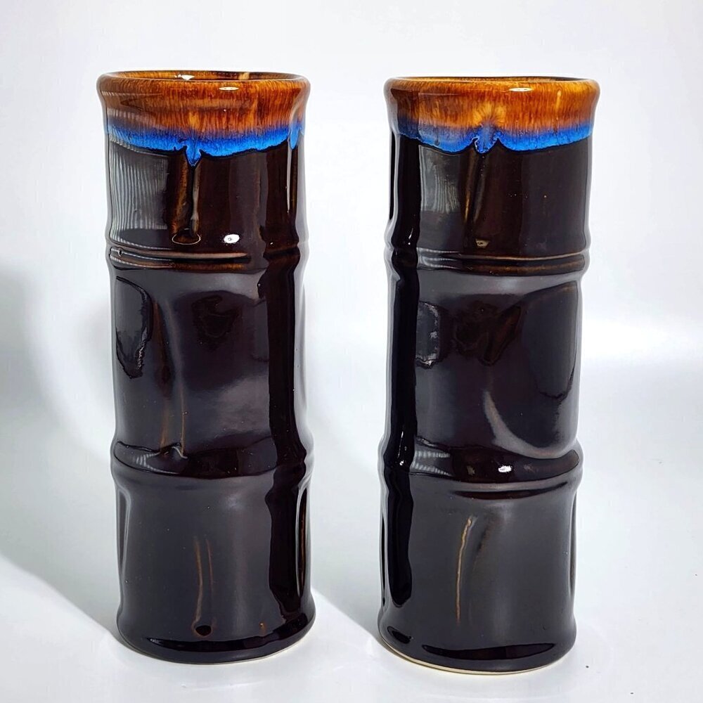 2 Libbey Ceramic Tiki Tall Volcano Drip Bamboo Style Cocktail Tumbler Set VTG